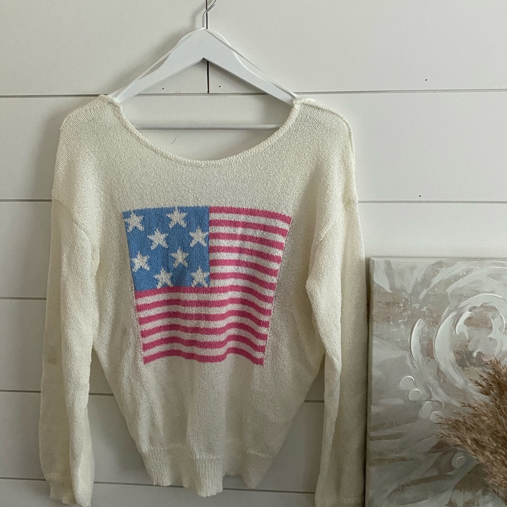 Vici Cream and Blue Crew Neck Sweater with Flag Design